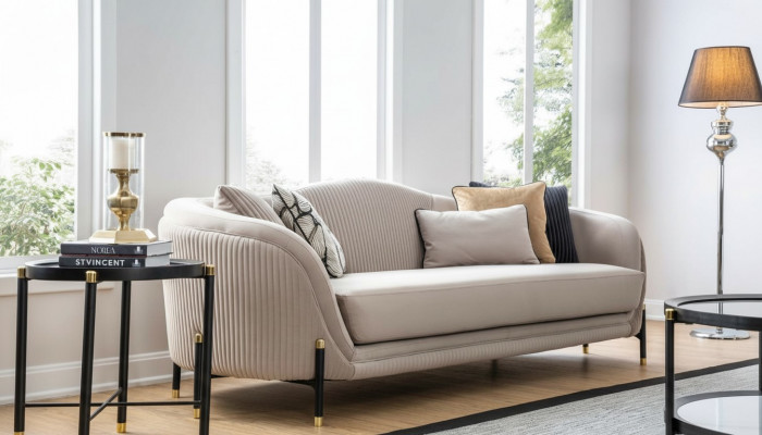 Sofa 3 Sëtzer Polstersofa beige Textil Sëtz Design Canapéë Stoff Modern Nei