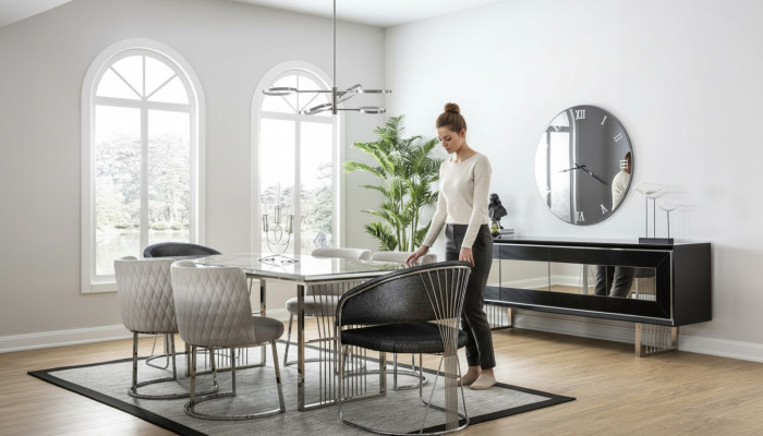 Iessgrupp Iesszëmmer Garnitur Iessdësch Set Sideboard Luxus Miwwelen 4 Still Dësch