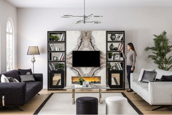 Luxus Wunnwand Wunnzëmmer TV Schaf Wänn Marmor Imitatioun Schwaarz 270cm