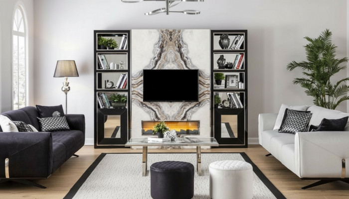 Luxus Wunnwand Wunnzëmmer TV Schaf Wänn Marmor Imitatioun Schwaarz 270cm