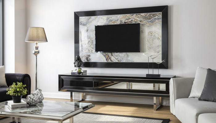 Luxus Wunnwand + Säitendësch Lowboard Regal Wunnzëmmer Schwarz Héichglanz