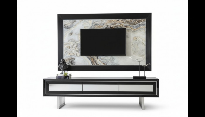 Luxus Wunnwand + Säitendësch Lowboard Regal Wunnzëmmer Schwarz Héichglanz