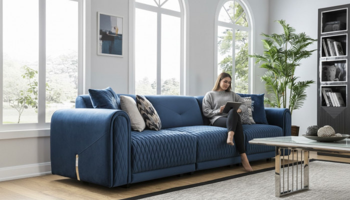 Luxus Canapé 4 Sëtz Wunnzëmmer Modernen Design Blo Kanapee Lieder Couchen Nei