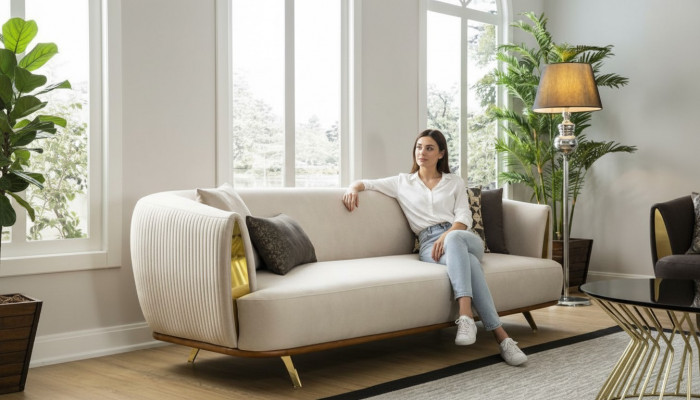 Modern Zwee-Sëtz Polstersofa wäiss Textil Design Couch Sofas Stoff
