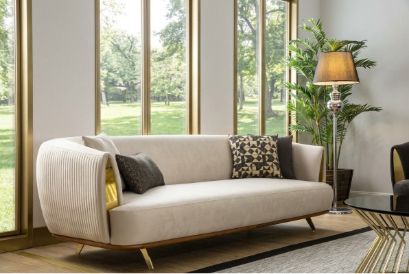 Modern Zwee-Sëtz Polstersofa wäiss Textil Design Couch Sofas Stoff