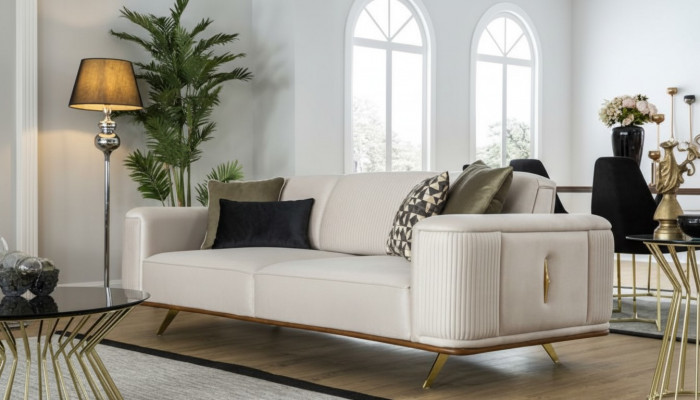 Modern Sofa 3-Sëtzer Polstersofa wäiss Textil Sëtz Design Canapé Sofae Stoff