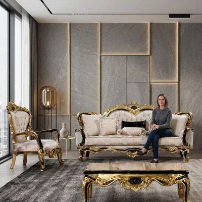 Sofagarnitur Klassesch Luxus Sofaen Fauteuil Wohnzimmer Set 3+1 Sëtz Chesterfield