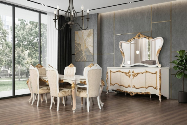 Komplett Set Iessdësch + 6 Still Iesszëmmer Iess Grupp Holz Anrichte+Spigel 9 Stéck