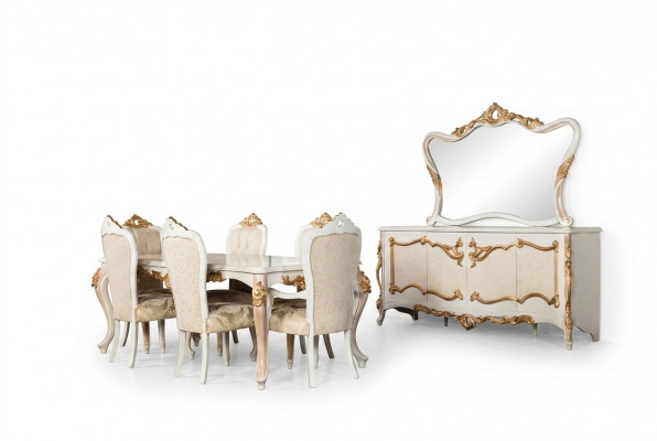 Komplett Set Iessdësch + 6 Still Iesszëmmer Iess Grupp Holz Anrichte+Spigel 9 Stéck