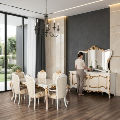 Luxus Set Iesszëmmer Iessdësch Stull XL Dësch Dëscher Still Holz Design 7 Stéck Nei
