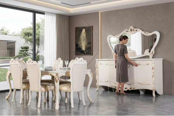 Iesszëmmer Set 9tlg. Luxus Garnitur Dësch 6x Still Anrichte Spigel Nei Miwwelen