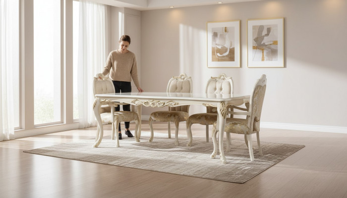 Klasseschen Iessdësch Beige Design Dësch Holz Dëscher Miwwelen Wunnzëmmer