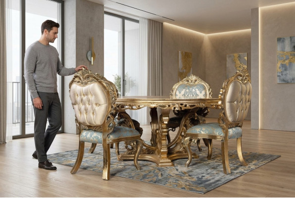 Gëllene Barock Iessdësch Ronnen Dësch Ronn Iessdëscher Holz Dëscher 173cm