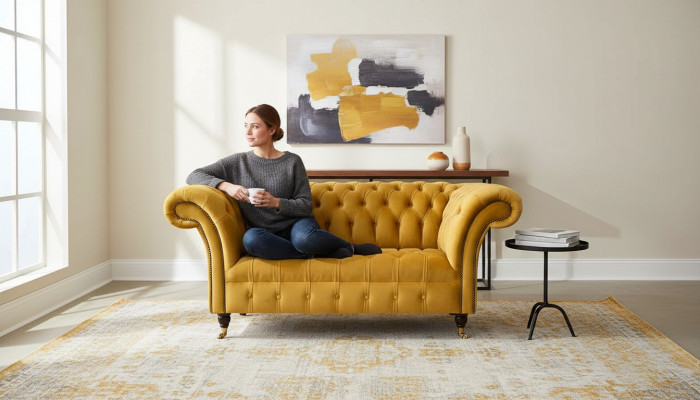 Sëtzel Chesterfield Miwwelen Set 2x Eenzelsëtzer Set Couch Sofa Giel Textil