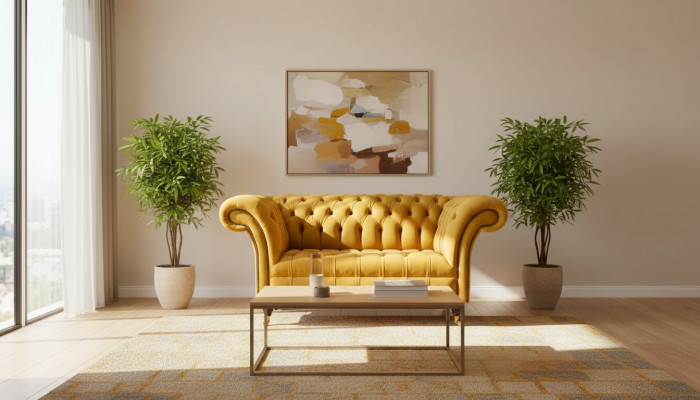 Sëtzel Chesterfield Miwwelen Set 2x Eenzelsëtzer Set Couch Sofa Giel Textil