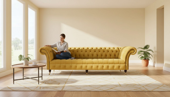 Eleganz Design Sofa 4 Sëtzer Couch Polster Luxus Textil Chesterfield Sofas Giel