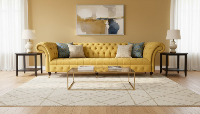 Eleganz Design Sofa 4 Sëtzer Couch Polster Luxus Textil Chesterfield Sofas Giel