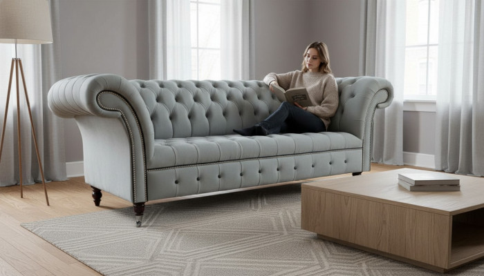 Designer Sofa 3 Sëtzer Chesterfield Canapé Polstersofa Couchen Miwwelen