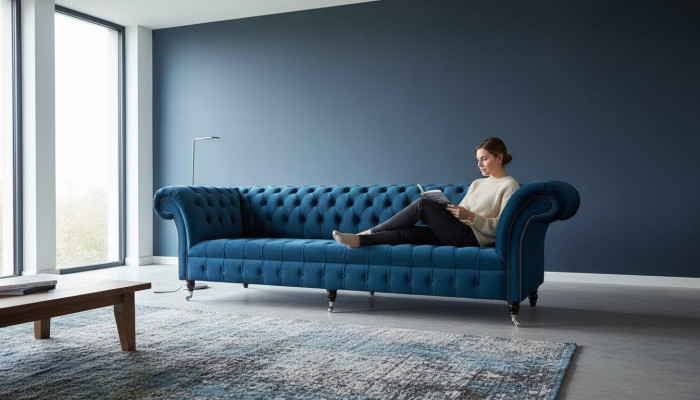 Design Luxus Chesterfield Sofa 4-Sëtz Couch Polstersofa Miwwelen Blo