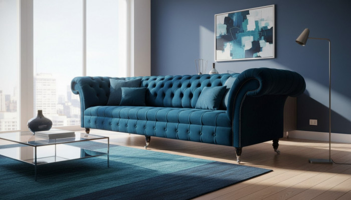 Design Luxus Chesterfield Sofa 4-Sëtz Couch Polstersofa Miwwelen Blo