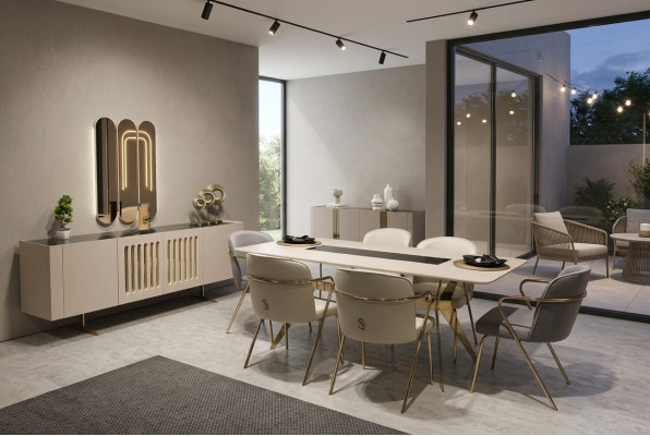 Luxuriéist Iesszëmmer Set Iessdësch + 6x Still + Sideboard mat Spigel