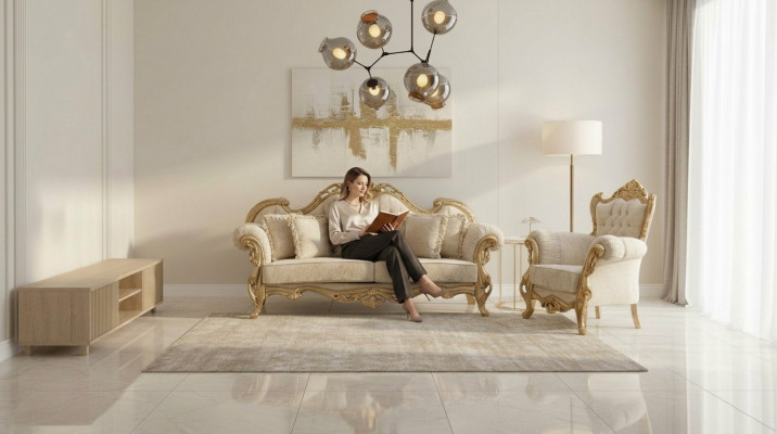 Chesterfield-Couch an Fotell a Beige am héichwäertegen Luxusdesign