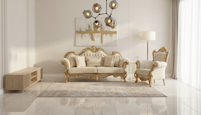 Chesterfield-Couch an Fotell a Beige am héichwäertegen Luxusdesign