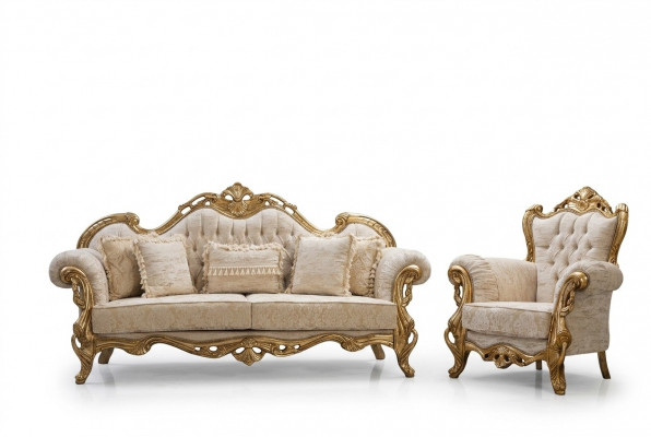 Chesterfield-Couch an Fotell a Beige am héichwäertegen Luxusdesign