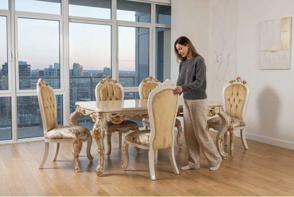 Beige klassesch Iesszëmmermiwwel Designer Iessdësch mat Chesterfield Polsterstillen