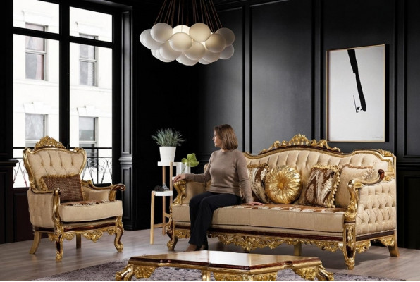 Canapé-Set Couch Barock Rokoko Couchen Textil Chesterfield Sofa Dësch 3tlg.
