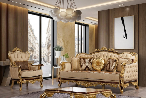 Canapé-Set Couch Barock Rokoko Couchen Textil Chesterfield Sofa Dësch 3tlg.