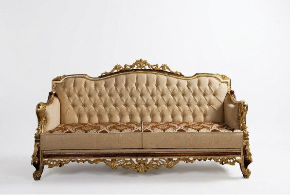 Chesterfield Canapé Barock Dräisëtzer Miwwelen Sofa Canapéen Stoff Gold