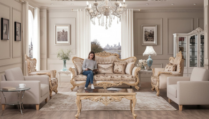 Sofagarnitur Canapé-Set Sofa Fotell Gepolstert Miwwel Dësch 5 Stéck Neien