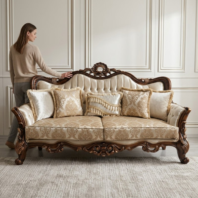 Chesterfield Barock Dräisitzer Miwwel Sofa Couchen Stoff Gold Couch