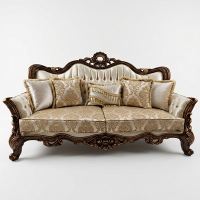 Chesterfield Barock Dräisitzer Miwwel Sofa Couchen Stoff Gold Couch