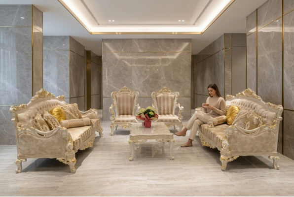 Beige Canapé-Sëtzung Sofa Set 5tlg. Dësch Canapé-Sëtzung Canapé Miwwelen