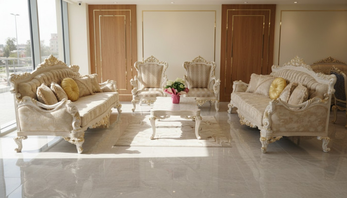 Beige Canapé-Sëtzung Sofa Set 5tlg. Dësch Canapé-Sëtzung Canapé Miwwelen