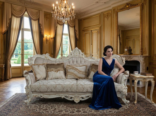 Chesterfield Barock Dräisikter Canapé Miwwelen Canapéen Stoff Gold Canapé
