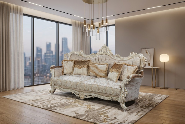 Chesterfield Barock Dräisikter Canapé Miwwelen Canapéen Stoff Gold Canapé