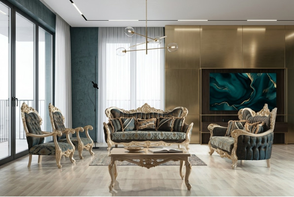 Soffagassette Sofa Canapé Barock Rokoko Set Dësch Turkis 5tlg. Gold