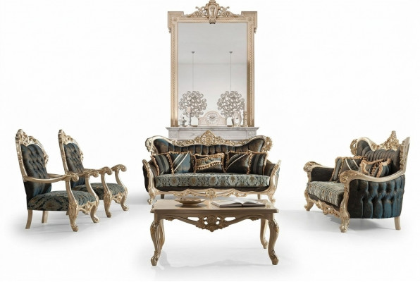 Soffagassette Sofa Canapé Barock Rokoko Set Dësch Turkis 5tlg. Gold