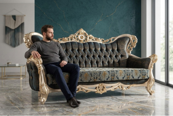Barock dräisiichter Chesterfield Couch Miwwelen Sofa Couchen Stoff Gold