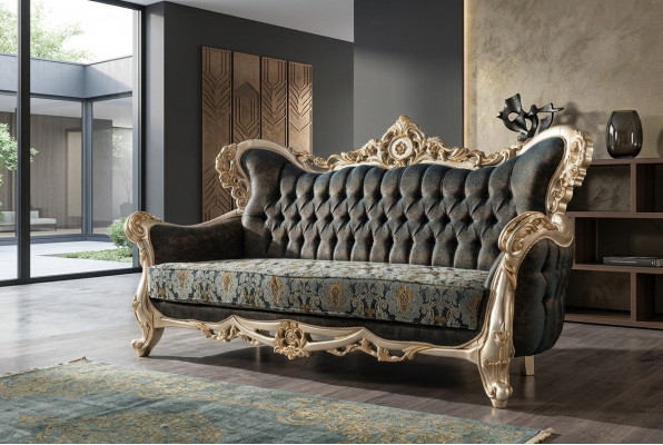 Barock dräisiichter Chesterfield Couch Miwwelen Sofa Couchen Stoff Gold