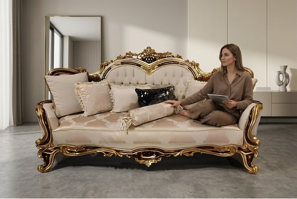 Chesterfield Barock Dräisëtzer Canapé Miwwelen Sofa Couche Stoff Beige