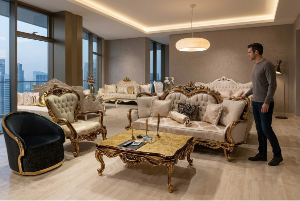 Klassesch Wunnzëmmer Sofa Polster Couch 3tlg. 3+1 + Kaffisdësch fir Äert Doheem