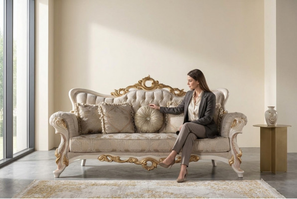 Chesterfield Barock Canapé Miwwelen Sofa Couchen Stoff Gold Dräisëtzer
