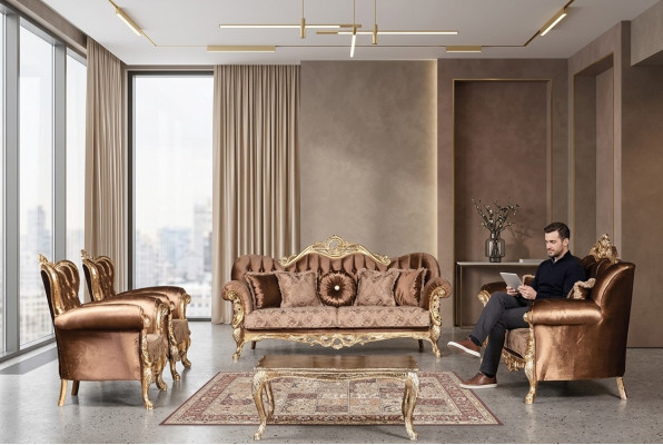 Gëllene Samt Couch Set Chesterfield Sofagarnitur Sofa Miwwelen Holz 5 Stécker