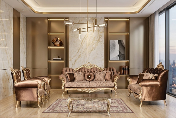 Gëllene Samt Couch Set Chesterfield Sofagarnitur Sofa Miwwelen Holz 5 Stécker