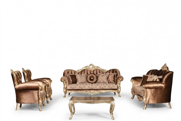Gëllene Samt Couch Set Chesterfield Sofagarnitur Sofa Miwwelen Holz 5 Stécker