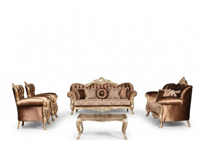 Gëllene Samt Couch Set Chesterfield Sofagarnitur Sofa Miwwelen Holz 5 Stécker